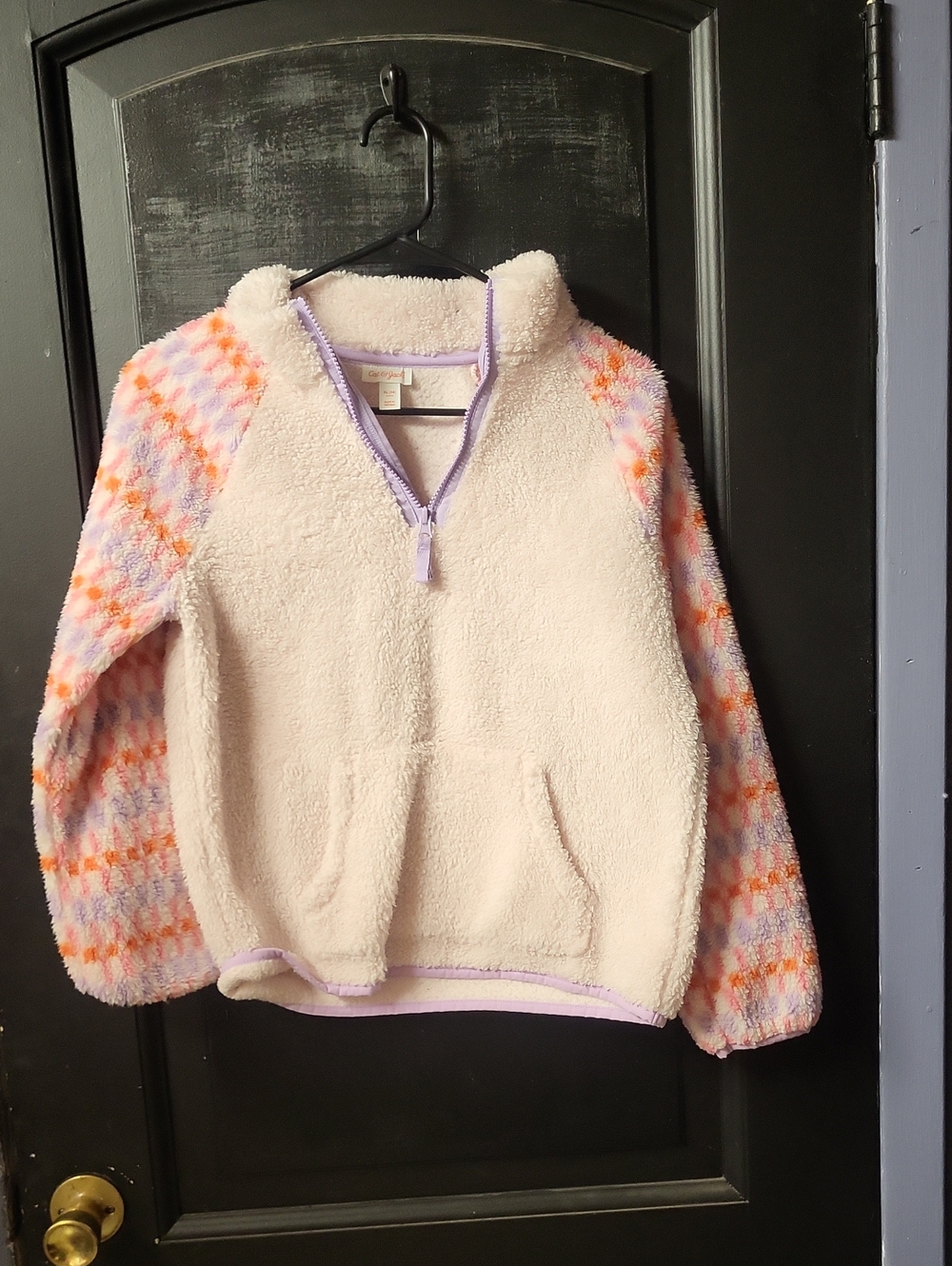 Cat & Jack Ivory Sherpa Quarter-Zip Pullover with Pastel Patterned Sleeves
